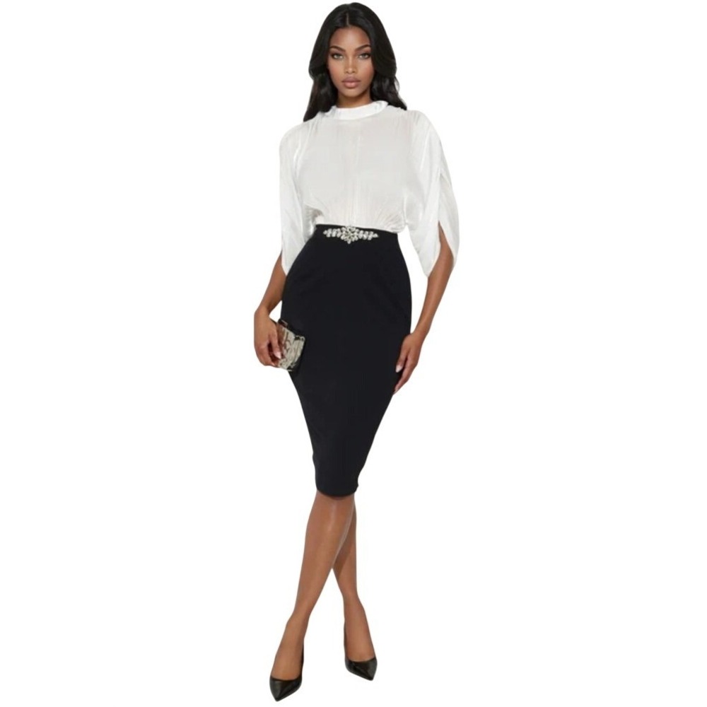 Fashion Nova Womens White Black Shimmer Rhinestone Midi Dress XS Mock Neck NWT